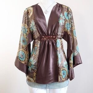 y2k la senza sheer wide boho sleeve top brown satin size S/M